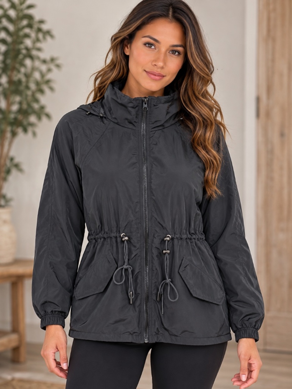 ZYIA Active Black Drawstring Hooded Jacket